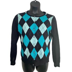New York & Company Black and Blue Argyle Cardigan